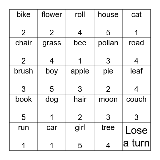 Clothespin Flower Game- Words Bingo Card
