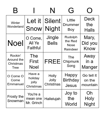 Christmas Music Bingo Card