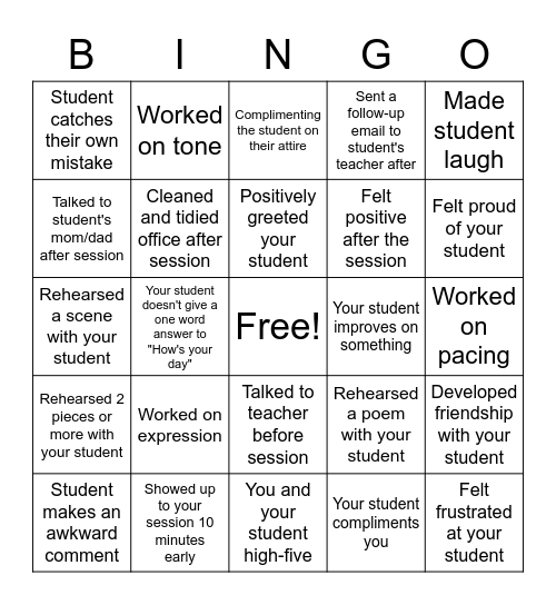 Rehearsal Coach Bingo Card