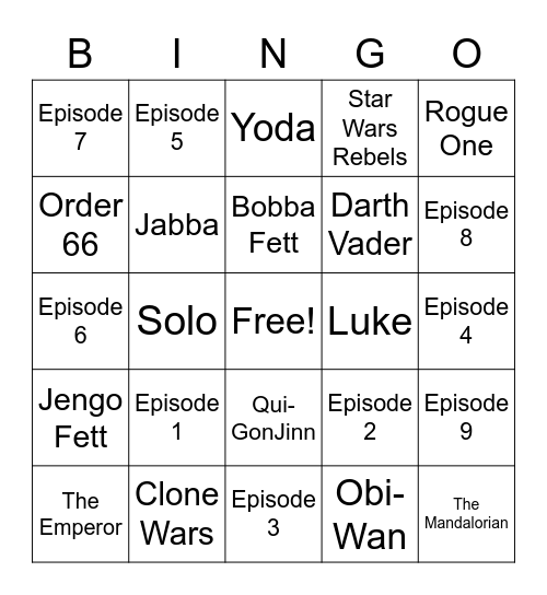 Star Wars Bingo Card