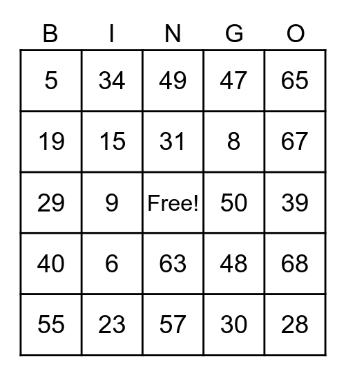 Number Bingo Card