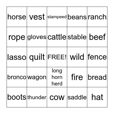 Cowboy Bingo Card