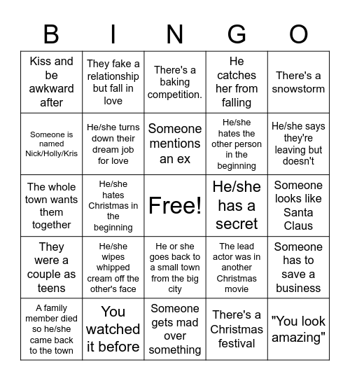 Hallmark/Lifetime Christmas Movie Bingo Card