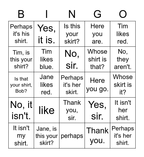 VanThink 1A Lesson 16 Bingo Card