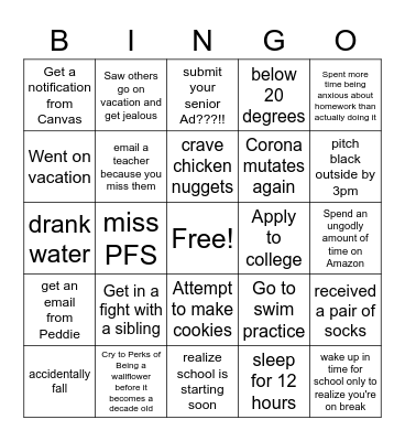 Peddie Winter Break edition Bingo Card