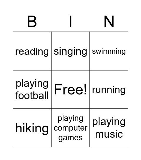 leisure activities Bingo Card