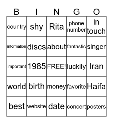 My Favorite Singer Website Bingo Card