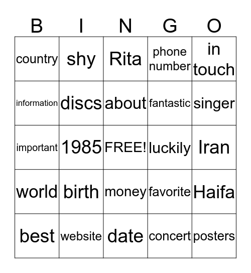 My Favorite Singer Website Bingo Card