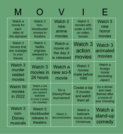 Movies challenge 2022 Bingo Card