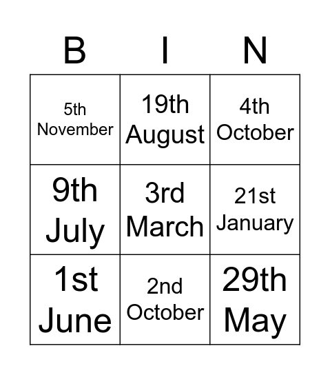 Dates of the Year Bingo Card