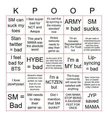 this week on r/kpoprants ... Bingo Card