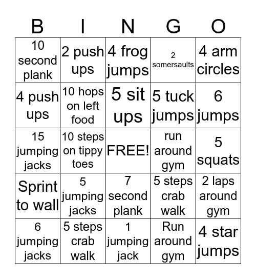 Fit Kid BINGO Card