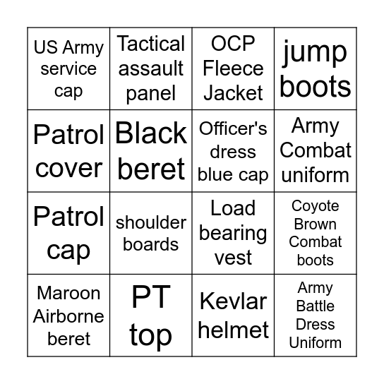 Army Uniform Bingo! Bingo Card