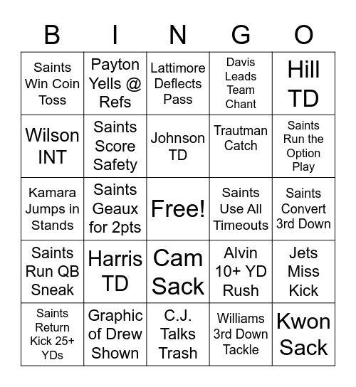 Saints Vs Jets Bingo Card