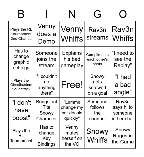 Snowy's Rocket League Bingo Card