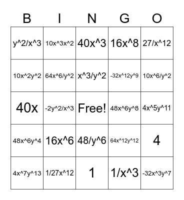 Algebra 1: 7.1-7.3 Quiz Review Bingo Card