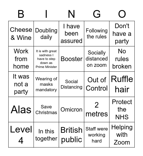 Boris Johnson Level 4 Covid Press Conference Bingo Card