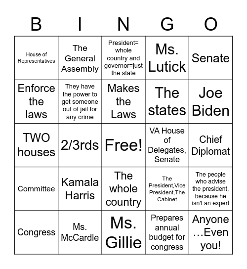 Branches of Government Review Bingo Card