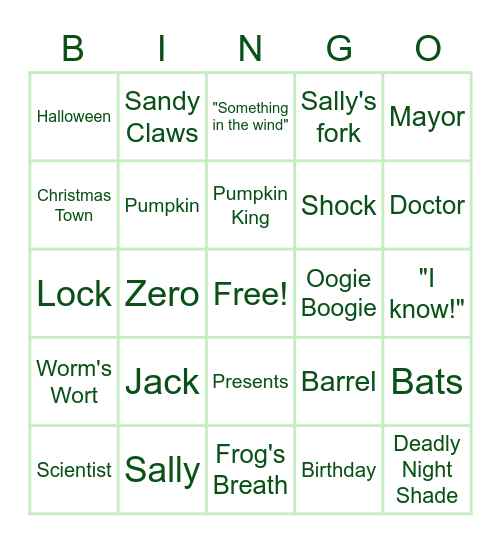 Sid's Nightmare Before Christmas Bingo Card