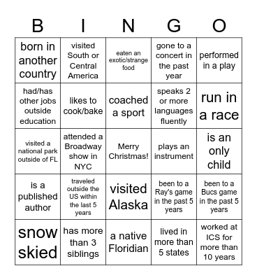 ICS Staff Bingo Card