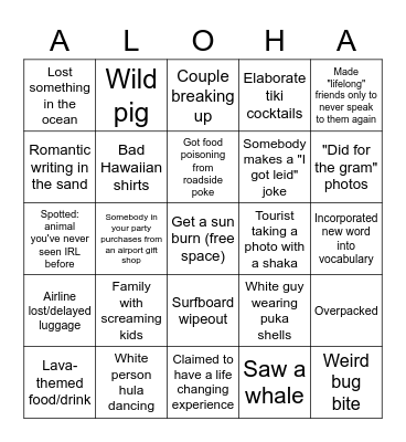 Hawaiian Tourist Bingo Card Bingo Card