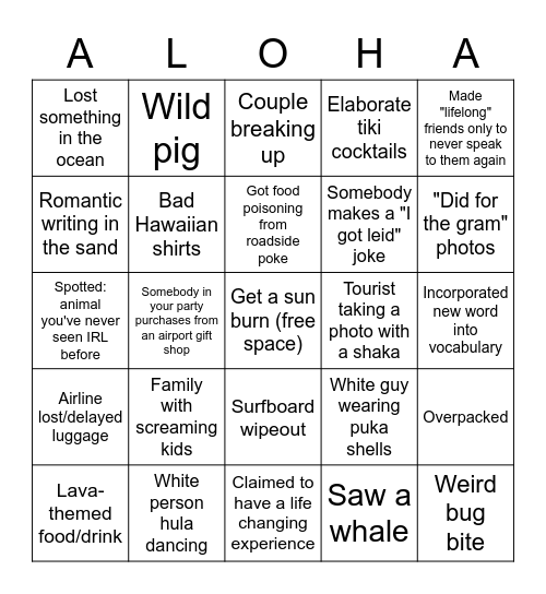 Hawaiian Tourist Bingo Card Bingo Card