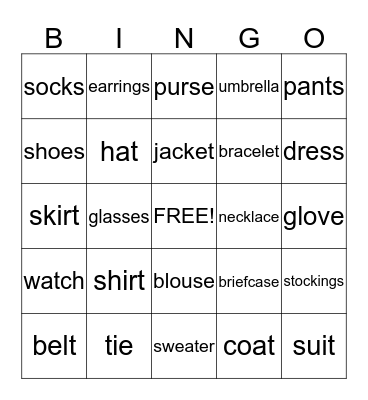 Unit 8 Clothes Bingo Card