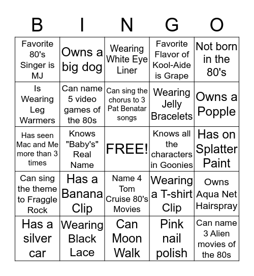 Karen's 80's Like Totally Rad Bingo Card