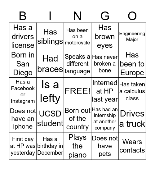 Get to know the SD Interns! Bingo Card