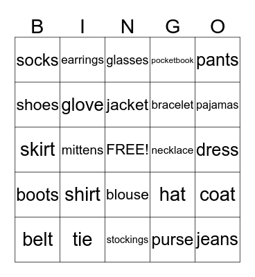 Unit 8 Clothes Bingo Card