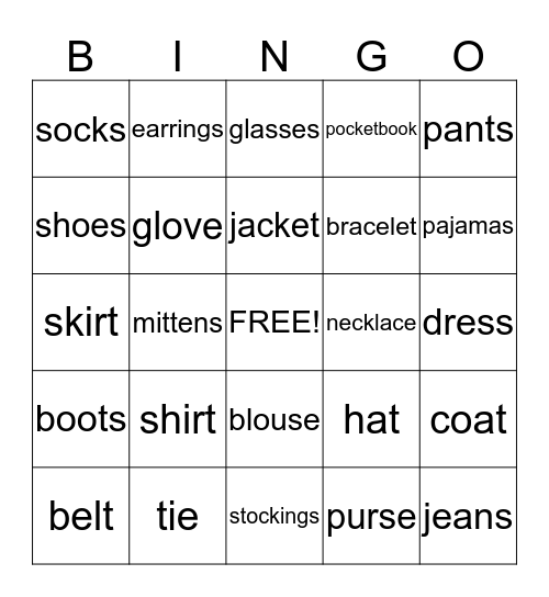 Unit 8 Clothes Bingo Card
