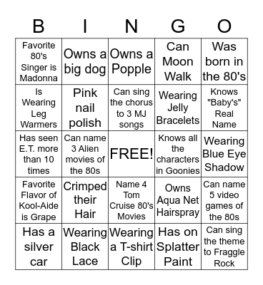 Karen's 80's Like Totally Rad Bingo Card