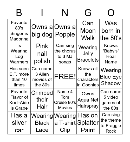 Karen's 80's Like Totally Rad Bingo Card