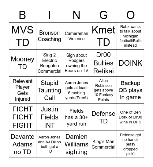 Bears Packers Bingo Card