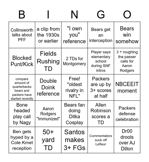 SNF Bears Packers Bingo Card