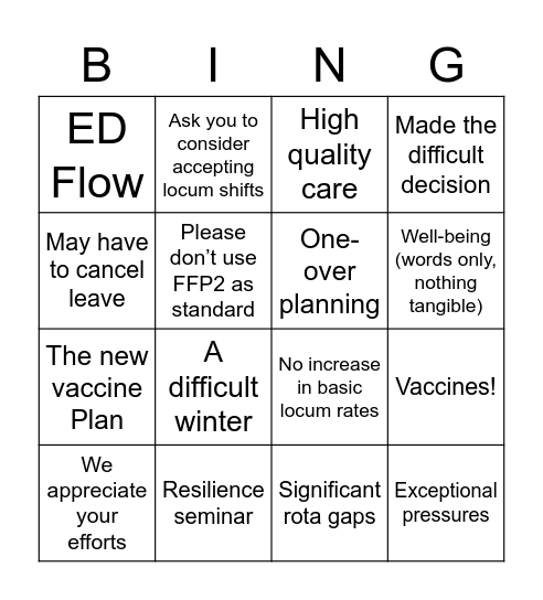 NHS Update Bingo Card