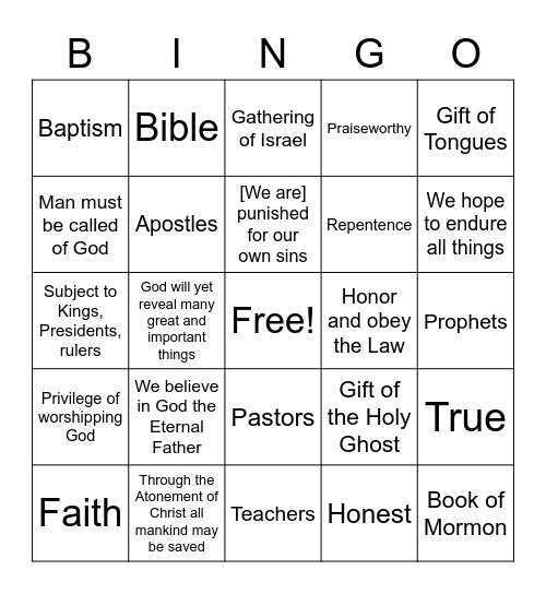 Articles of Faith Bingo Card