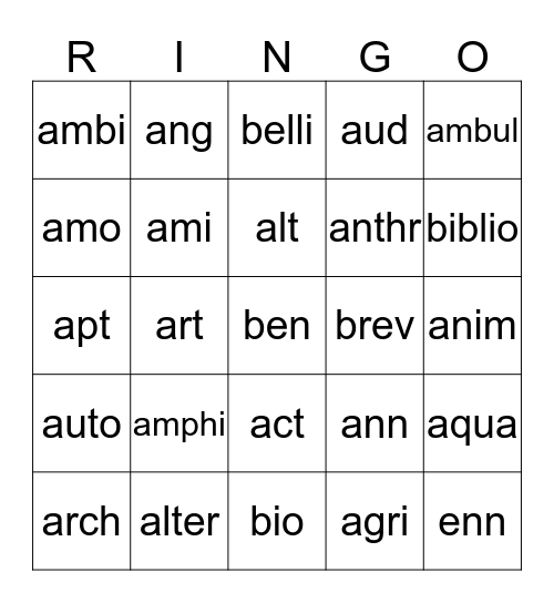 RINGO 1 Bingo Card