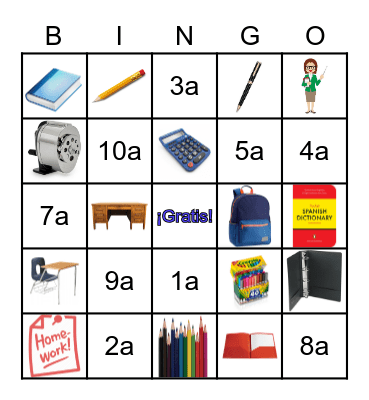 Mi horario (clases, materiales y números ordinales) Bingo Card