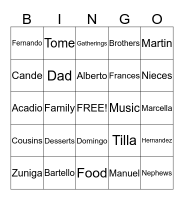 Zuniga Family Reunion Bingo Card