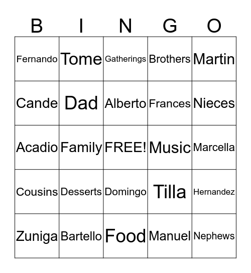 Zuniga Family Reunion Bingo Card