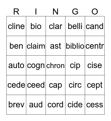RINGO 1-2 Bingo Card