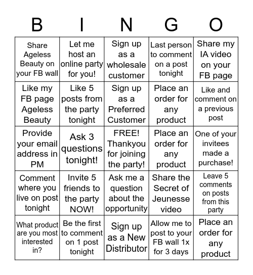 Jeunesse Bingo  Bingo Card