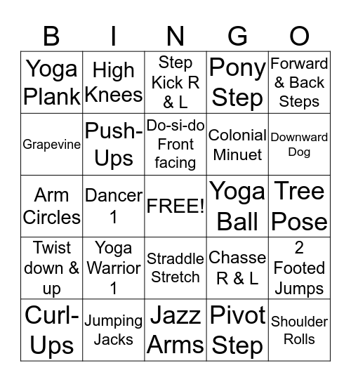 4th Grade Dance Fitness Review Bingo Card