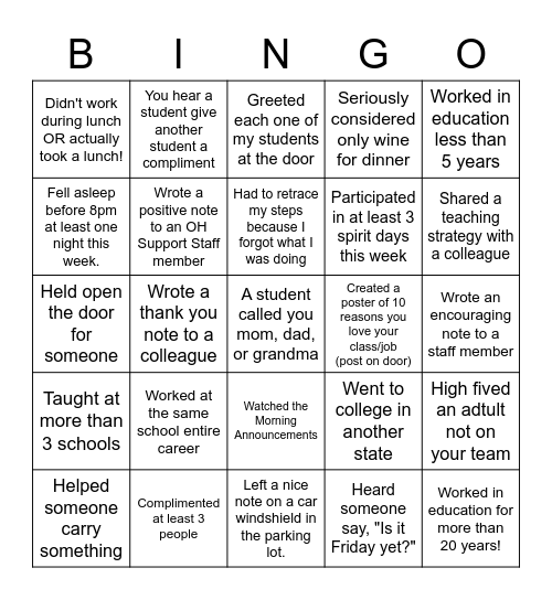 Sheri's Merry School BINGO Card