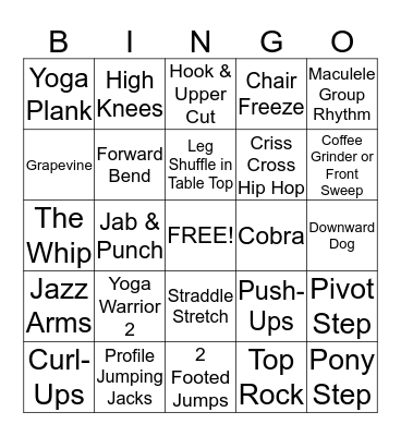 6th Grade Dance Fitness Review Bingo Card