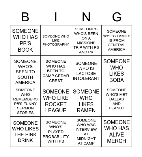 PB & PK BINGO Card