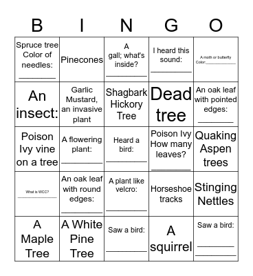 I Spy Nature Hike Bingo Card