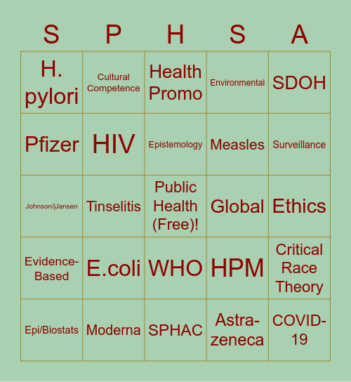 Public Health Bingo! Bingo Card