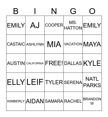 Ms. Hatton's 4th Grade Class Bingo Card